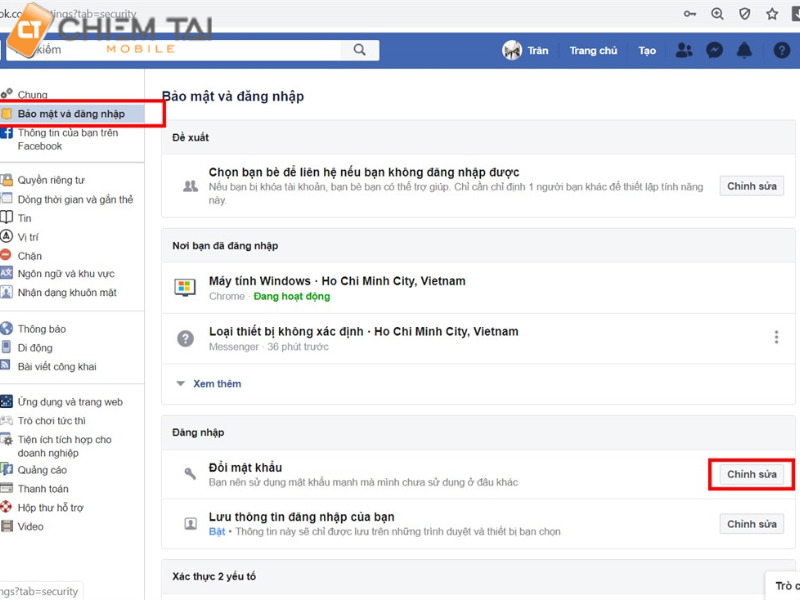 Thay đổi mật khẩu Facebook trên máy tính