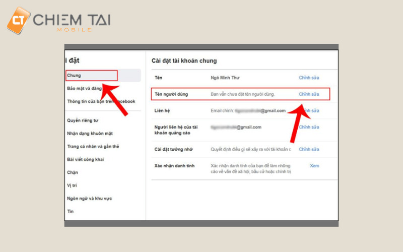 cài đặt chung chỉnh sửa tên người dùng