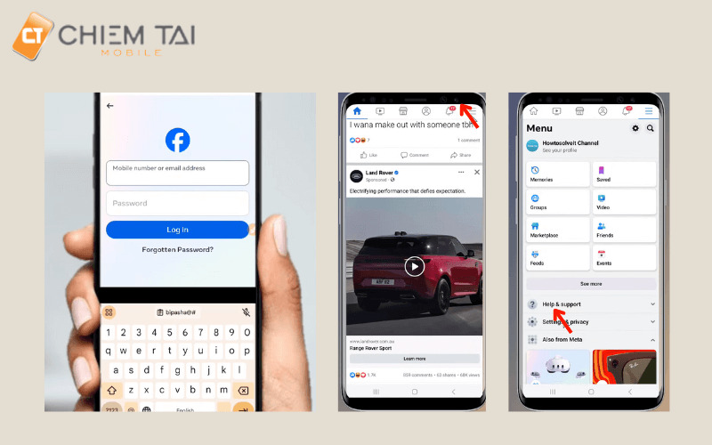 đăng nhập chọn help support trên facebook