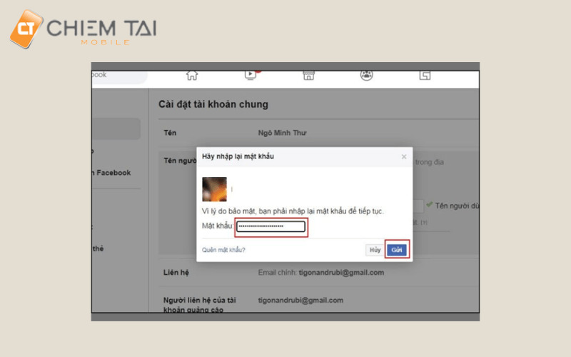 nhập mật khẩu và bấm gửi trước khi hoàn tất đổi link facebook