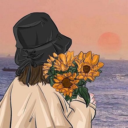 Ảnh avatar anime phái nữ cô nàng ôm bó hoa phía dương