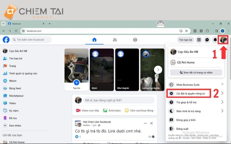 Truy cập Facebook chọn Cài đặt quyền riêng tư