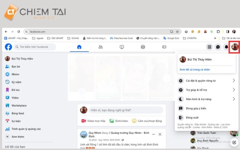 Truy cập Facebook và nhấn vào avatar