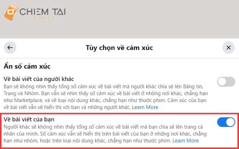 Nhấn nút gạt bật mục Về bài viết của bạn