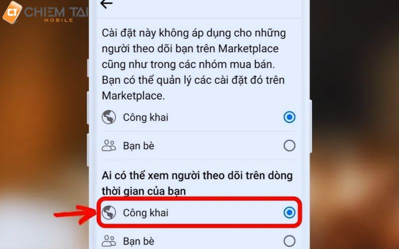 bạn ấn vào mục ai có thể xem người theo dõi trên dòng thời gian của bạn sau đó chọn công khai 