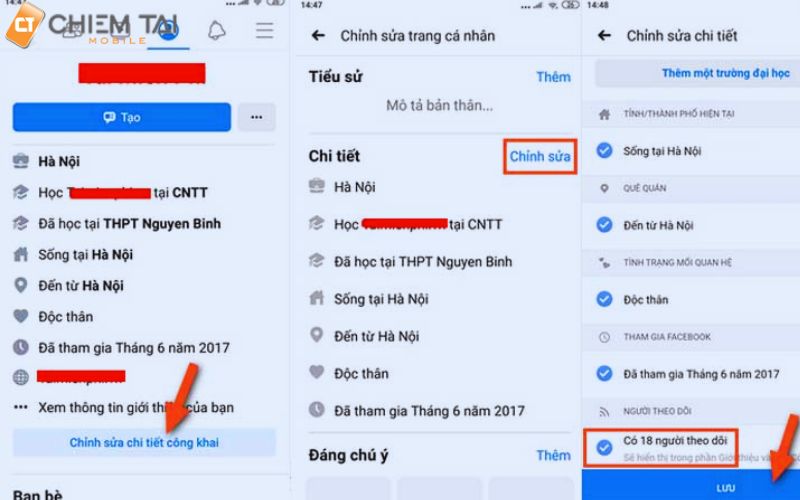 chọn chỉnh sửa chi tiết công khai sau đó ấn vào chỉnh sữa ấn lưu