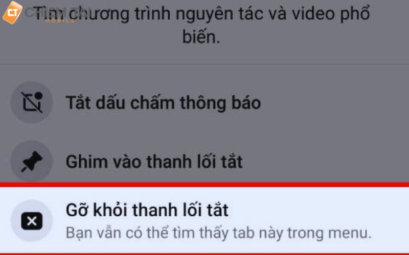 chọn gỡ khỏi thanh lối tắt