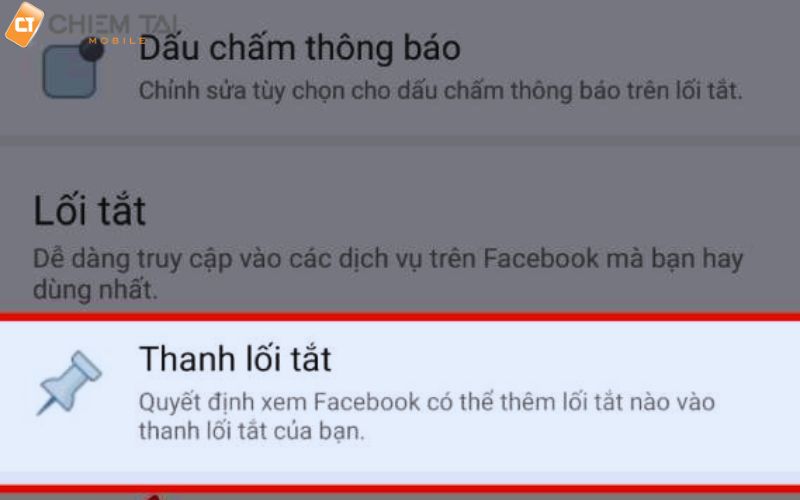 sau đó bạn kéo xuống rồi chọn thanh lối tắt có biểu tượng chiếc đinh