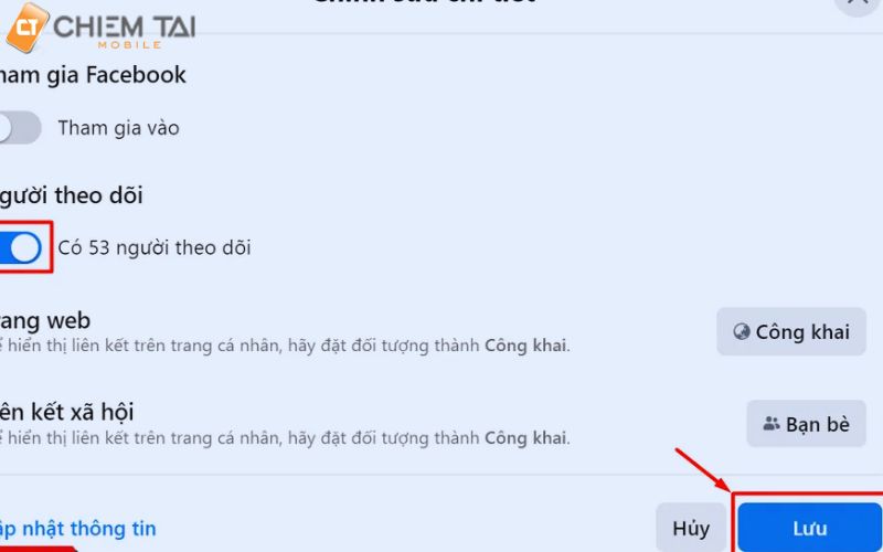 tại mục người theo dõi bạn hãy bật hiển thị số lượng người theo dõi bằng cách gạt nút sang phải rồi ấn lưu