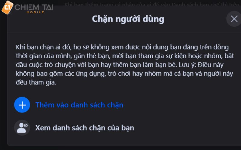 chọn thêm vào danh sách chặn rồi thêm tài khoản bạn muốn chặn