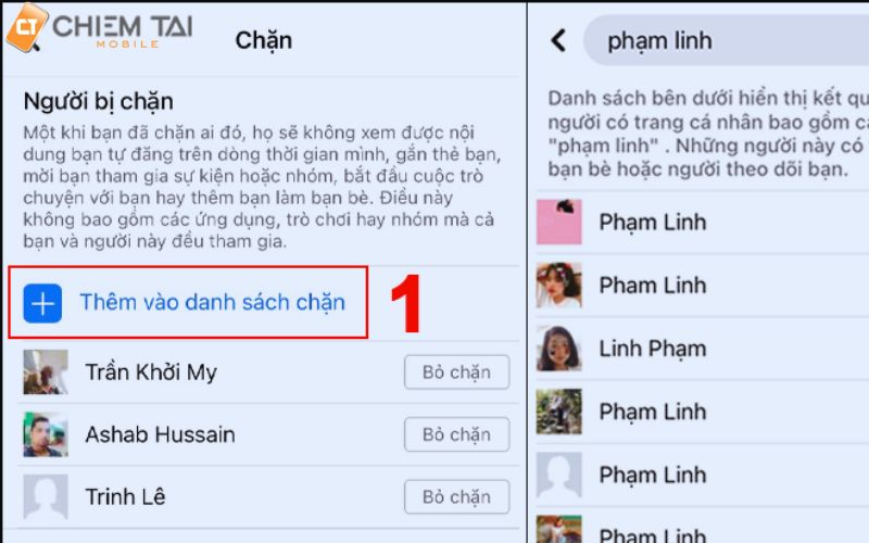 thêm tài khoản bạn muốn chặn