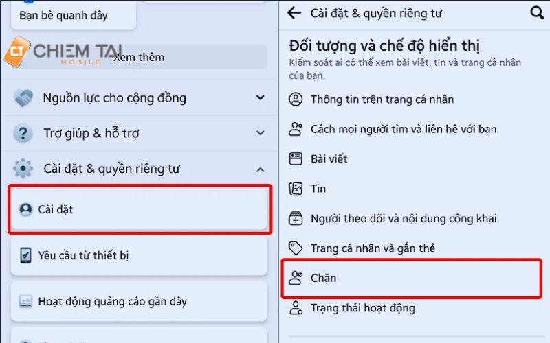 vào phần cài đặt thì tại mục đối tượng và chế độ hiển thị bạn hãy chọn chặn