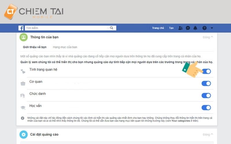 Tắt những mục bạn không muốn Facebook sử dụng cho mục đích quảng cáo tại mục Thông tin của bạn