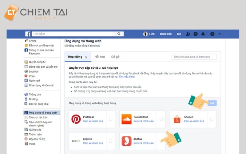 Nhấn tick ứng dụng không muốn liên kết trên Facebook sau đó nhấn Gỡ