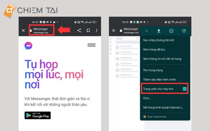 Chọn tick vào mục Trang web dành cho máy tính tại website messenger.com