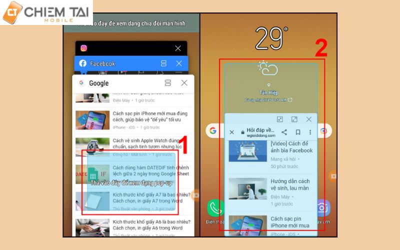 Nhần và giữ ứng dụng muốn xem khi chia hai màn hình điện thoại => Kéo vào khung trong ảnh để xem ở dạng pop-up