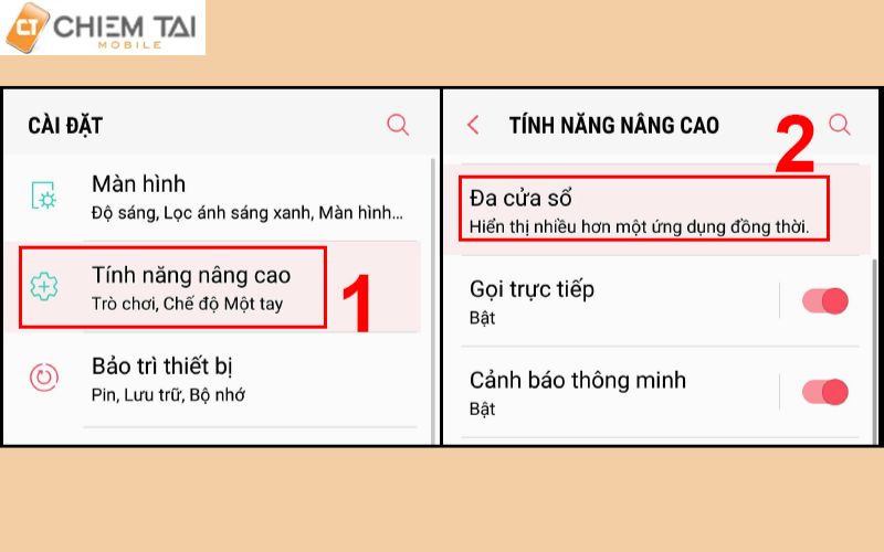 Vào cài đặt chọn tính năng nâng cao cuối cùng là ấn đa cửa số để chia đôi màn hình