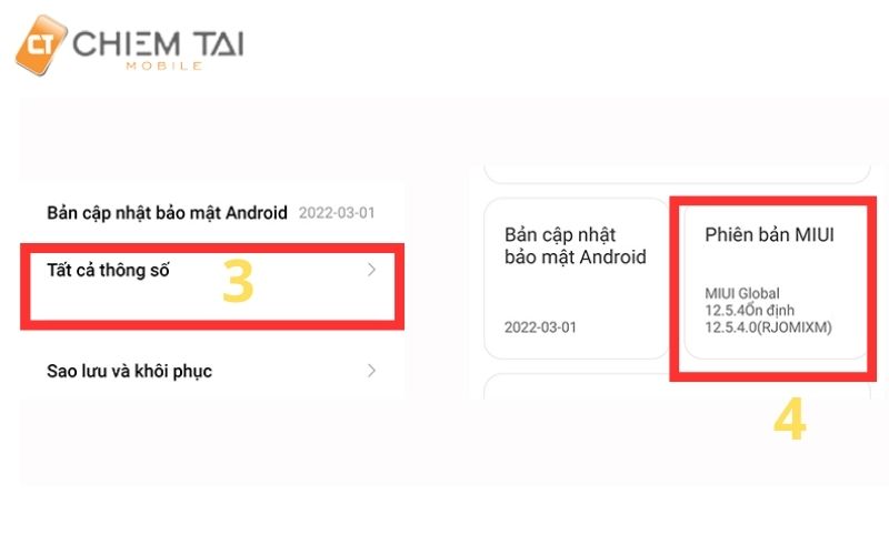 Bước 2: Ấn chọn Tất cả thông số và nhấp vào ô Phiên bản MIUI 7 lần để mở khóa chế độ cho nhà phát triển