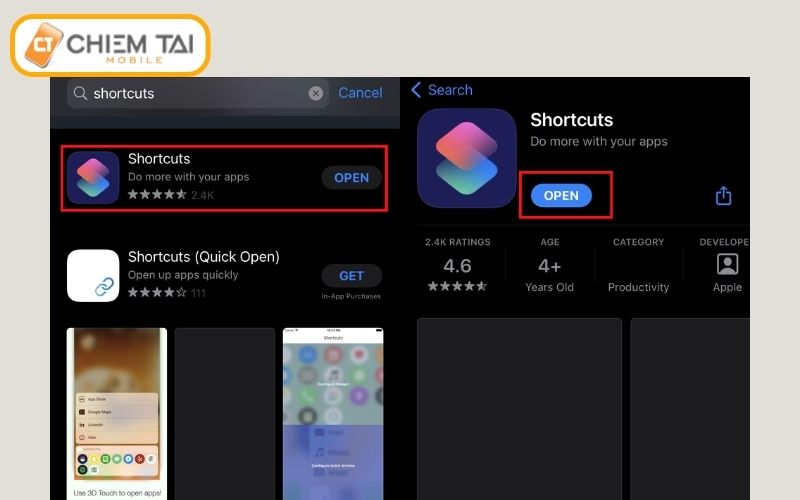 tìm và tải về ứng dụng Shortcuts