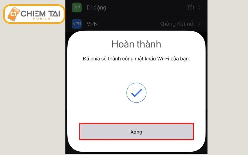 thao tác hoàn tất chia sẻ wifi