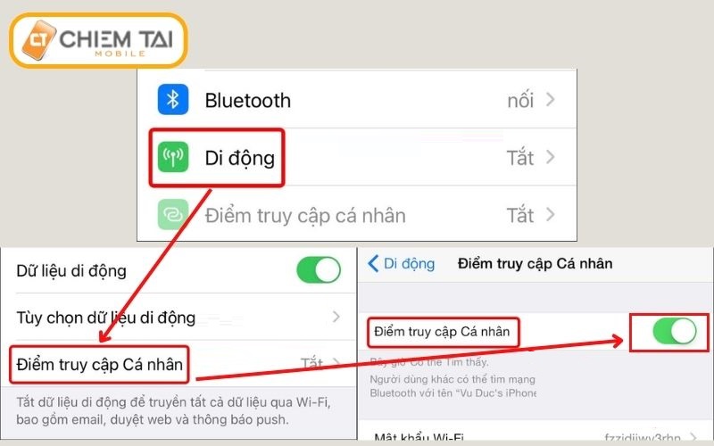 bật điểm truy cập cá nhân Personal Hotspot