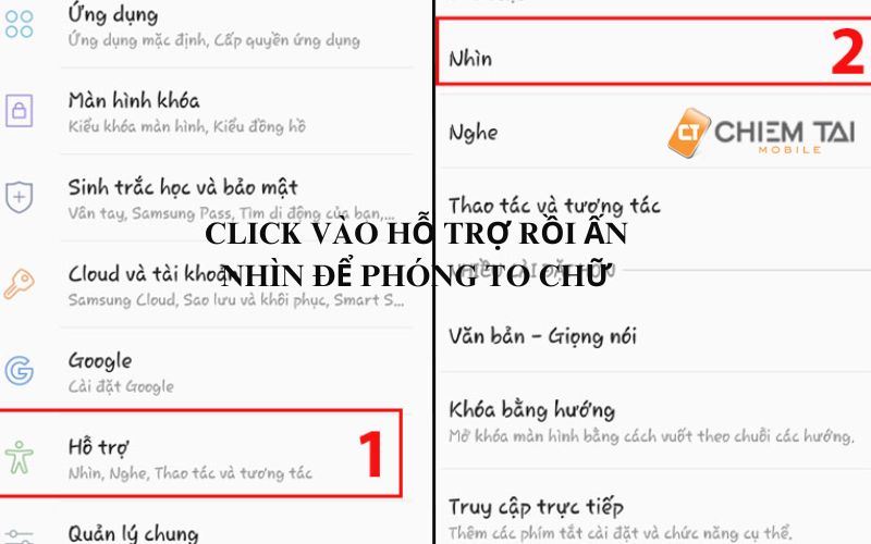 click vào hỗ trợ rồi ấn nhìn để phóng to chữ theo mong muốn