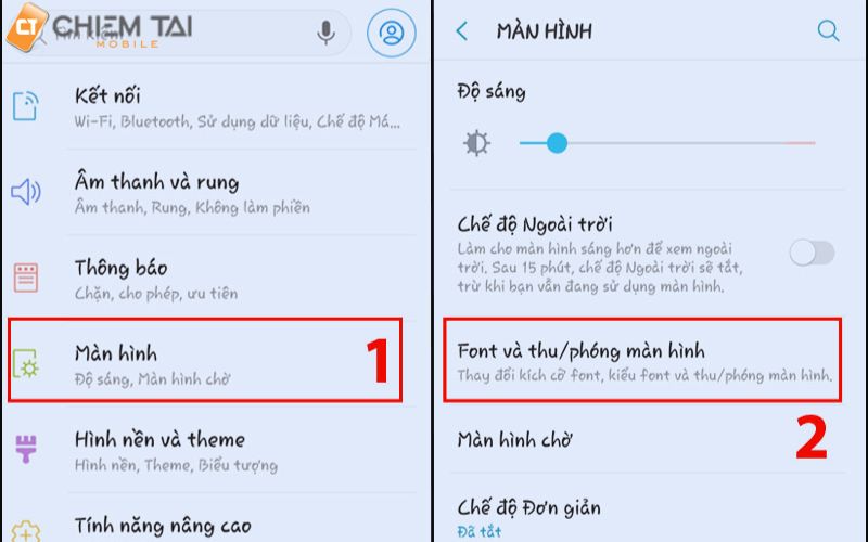 chọn vào cài đặt rồi click vào màn hình sau đó ấn Font và thu/phóng màn hình