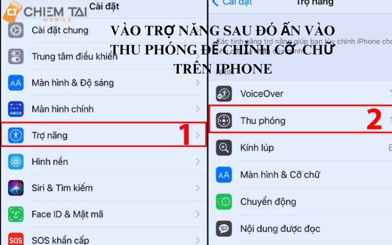 vào cài đặt chọn trợ năng rồi ấn thu phóng