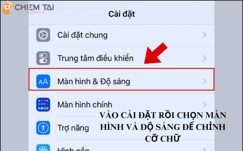 vào cài đặt rồi click vào màn hình và độ sáng