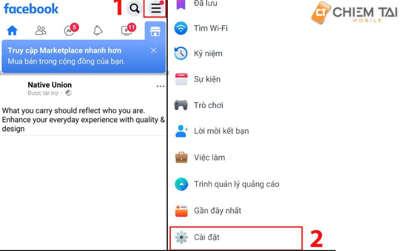 vào Facebook Lite chọn nút ba gạch rồi ấn cài đặt