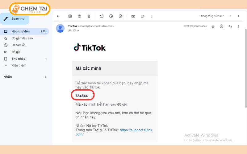 Nhận mã xác minh tại Gmail đăng ký tài khoản TikTok