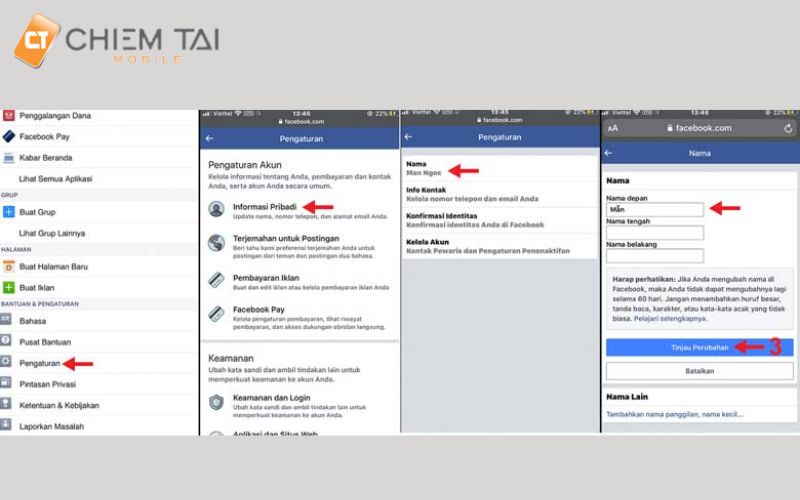Nhấn chọn Pengaturan sau đó chọn Informasi Pribadi tiếp theo bấm Nama rồi thay đổi tên