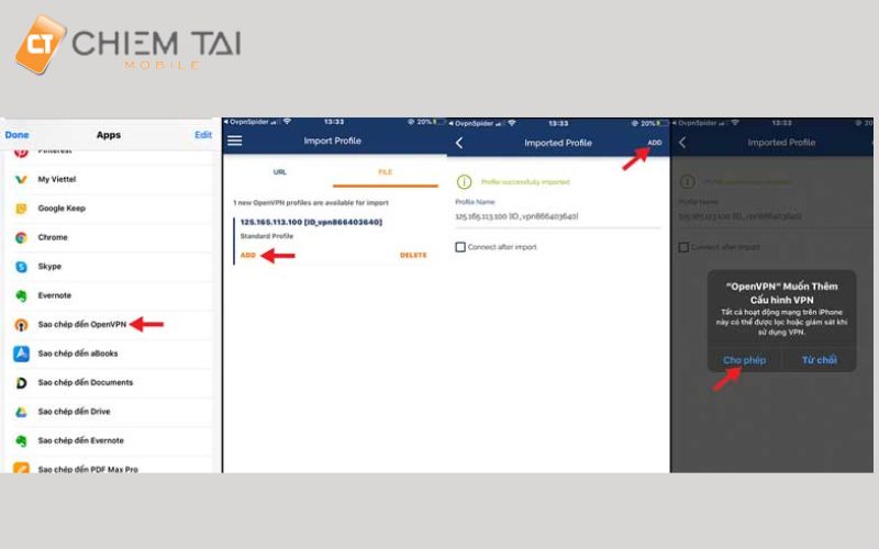 Nhấn chọn Sao chép đến OpenVPN chọn ADD 2 lần sau đó nhấn chọn Cho phép