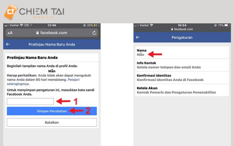 Nhập mật khẩu vào ô trống sau đó chọn Nama để hoàn tất đặt tên 1 chữ cho Facebook