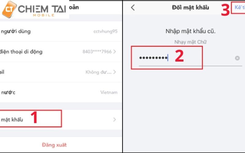 chọn Đổi mật khẩu sau đó nhập mật khẩu cũ và nhấn Kế tiếp
