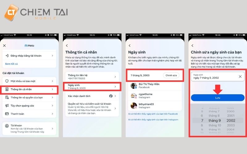 Thay đổi ngày sinh tại mục Thông tin cá nhân và nhấn Lưu
