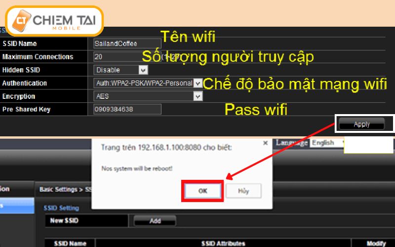 Apply và OK để xác nhận việc đổi pass WiFi Viettel