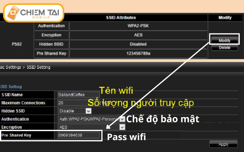 thay đổi pass wifi viettel tại dòng Pre Shared Key