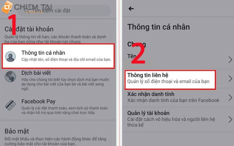 Chọn thông tin cá nhân rồi ấn thông tin liên hệ