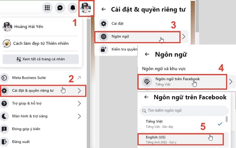 các bước thay đổi ngôn ngữ trên facebook