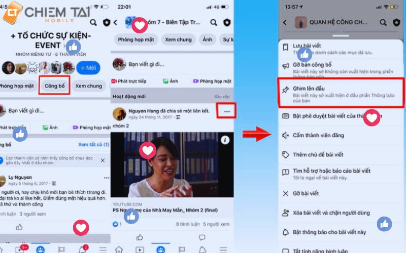 chọn bài viết bạn muốn ghim rồi click vào biểu tượng có hình ba chấm góc bên phải => cuối cùng là ấn ghim lên đầu