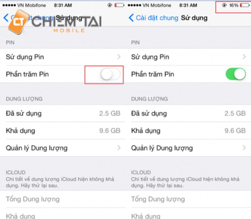 Cách hiển thị phần trăm pin trên iPhone ở phiên bản có nút home