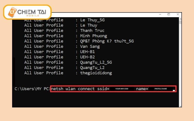 chay lenh netsh wlan connect trong command prompt
