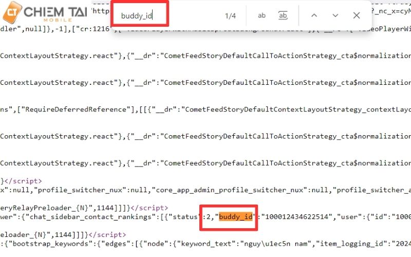 ấn ctrl F rồi gõ buddy_id để tìm số id 