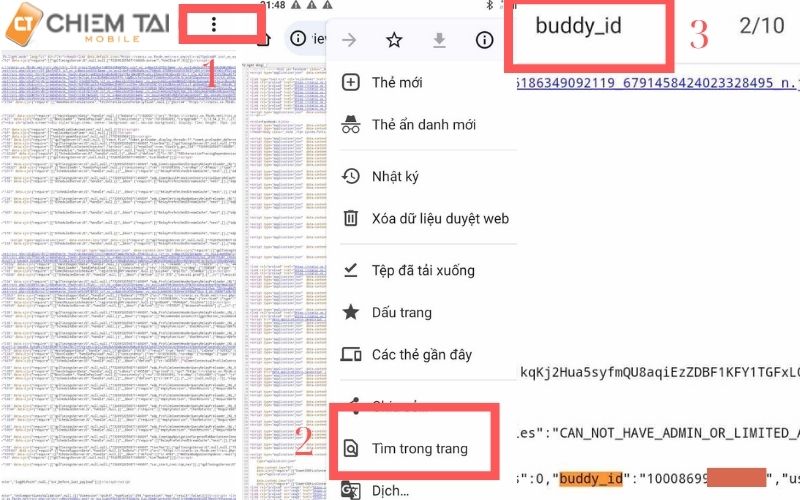 ấn vào biểu tượng dấu ba chấm rồi chọn tìm trong trang sau đó gõ buddy-id để lấy số id