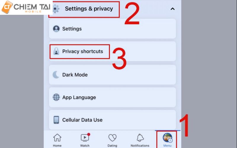 Chọn biểu tượng có ba gạch ngang ấn vào Cài đặt & Quyền riêng tư (Settings & Privacy) sau đó chọn Tính năng lối tắt quyền riêng tư (Privacy shortcuts)