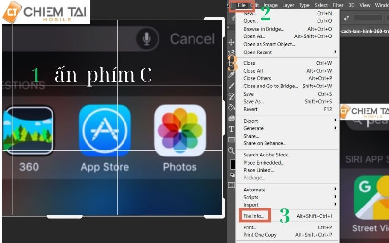 Ấn phím C để mở công cụ crop rồi sau đó cắt ảnh theo tỷ lệ chiều dài gấp đôi chiều rộng => chọn file => ấn file info