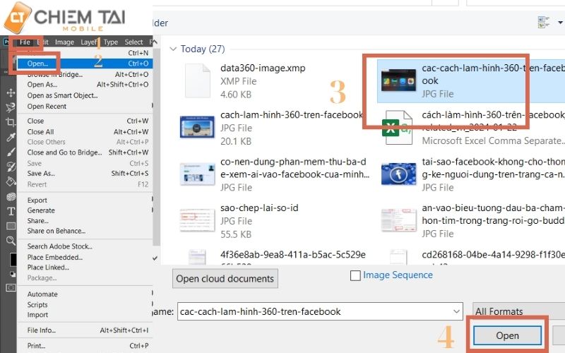 Chọn file rồi ấn open để mở tệp ảnh, chọn một bức ảnh rồi ấn vào open để chèn ảnh vào photoshop
