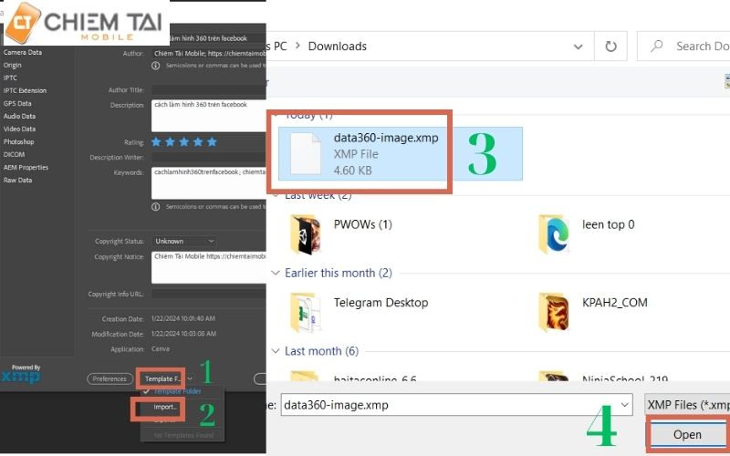 chọn mục template ở phần dưới rồi ấn import => chọn file data 360 đã tải => click open