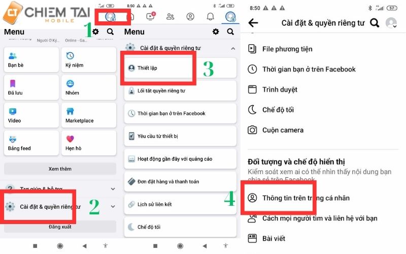 chọn biểu tượng 3 gạch => ấn vào cài đặt và quyền riêng tư => thiết lập rồi cuối cùng là chọn thông tin trên trang cá nhân